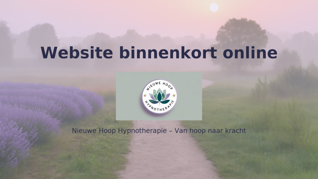 Coming soon: Nieuwe Hoop Hypnotherapie – wandelpad met lavendel, logo centraal, website binnenkort online.