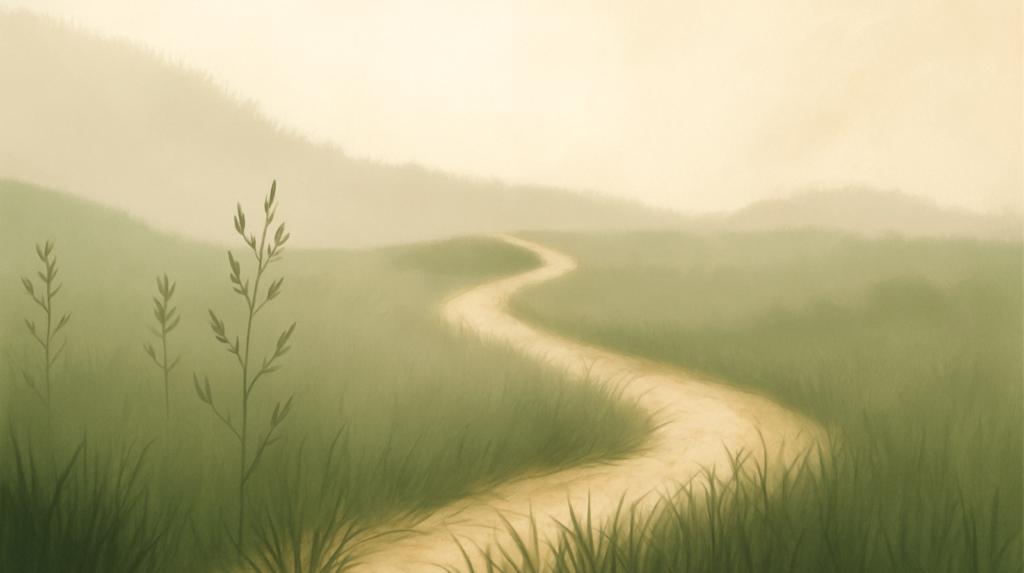 Zacht kronkelend zandpad door een rustige groene natuur met ochtendmist &mdash; symbool voor groei, richting en innerlijke verandering bij Nieuwe Hoop Hypnotherapie.