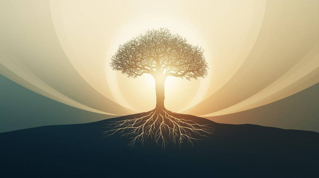 Symbolisch beeld van een levensboom met stralend licht, dat innerlijke groei en emotionele verandering door hypnotherapie uitbeeldt.